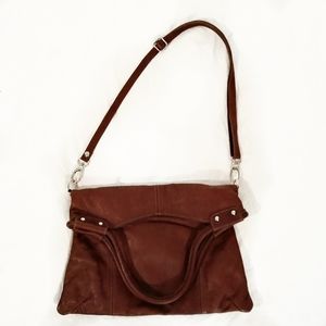 Brown Genuine Italian Leather Fold Over Tote Purse